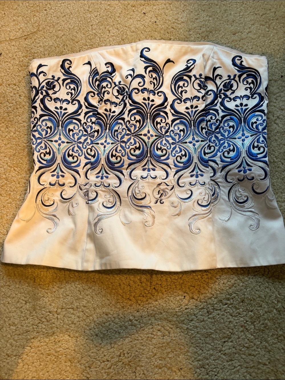 White House Black Market White Strapless Bustier with Blue Embroidery